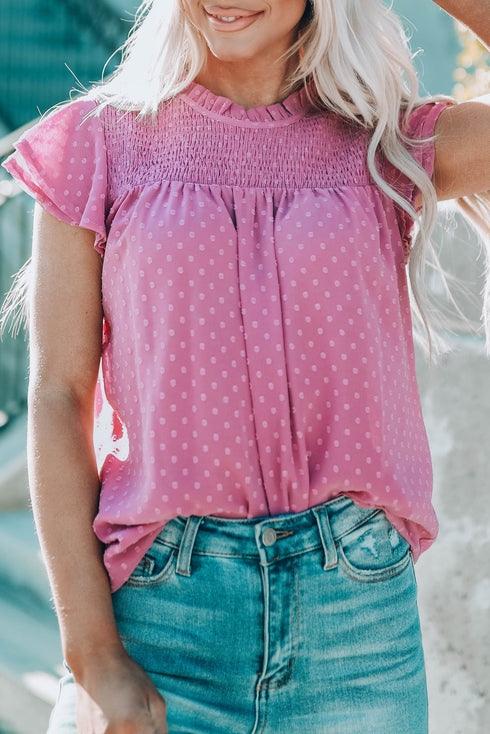 Tiered Sleeve Frilled Neck Dotted Top